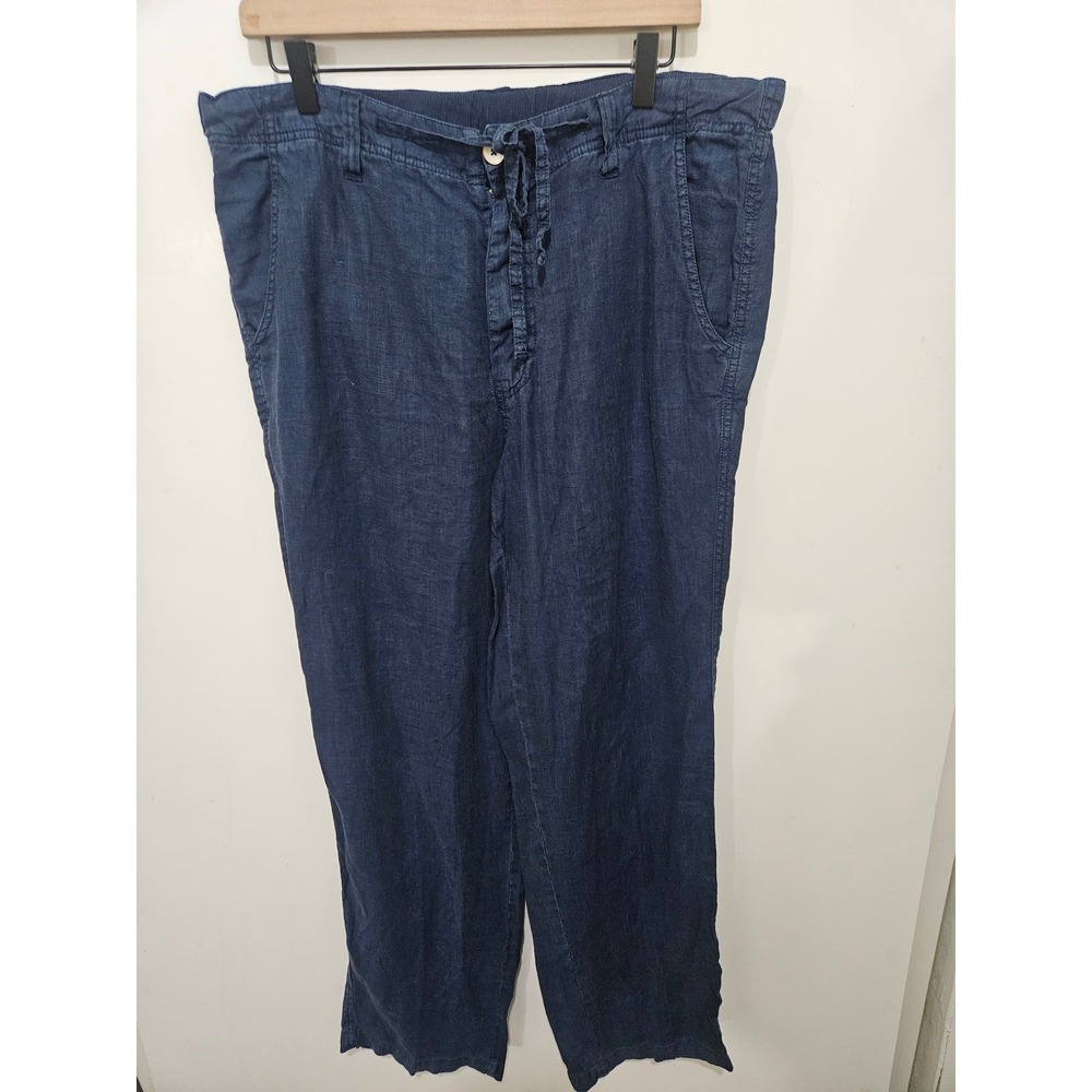 Margaritaville Women Navy Blue 100% Linen Drawstring Wide Leg Pants Size M